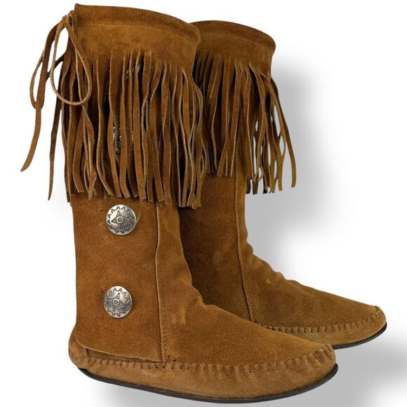 Taos Vintage 70s Tall Moccasins Boots Brown Tan Suede Fringe Conchos Women’s 8 - Picture 2 of 11